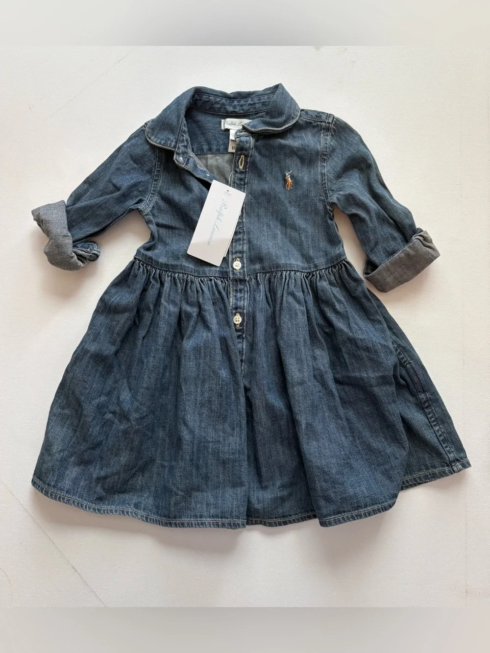 NWT Ralph Lauren Girl's Long-Sleeve Denim Dress Size 12 Months